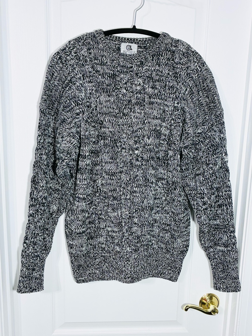 90s Jarrod’s Cable Knit Sweater HONG KONG MADE Vintage Marled Black White XL